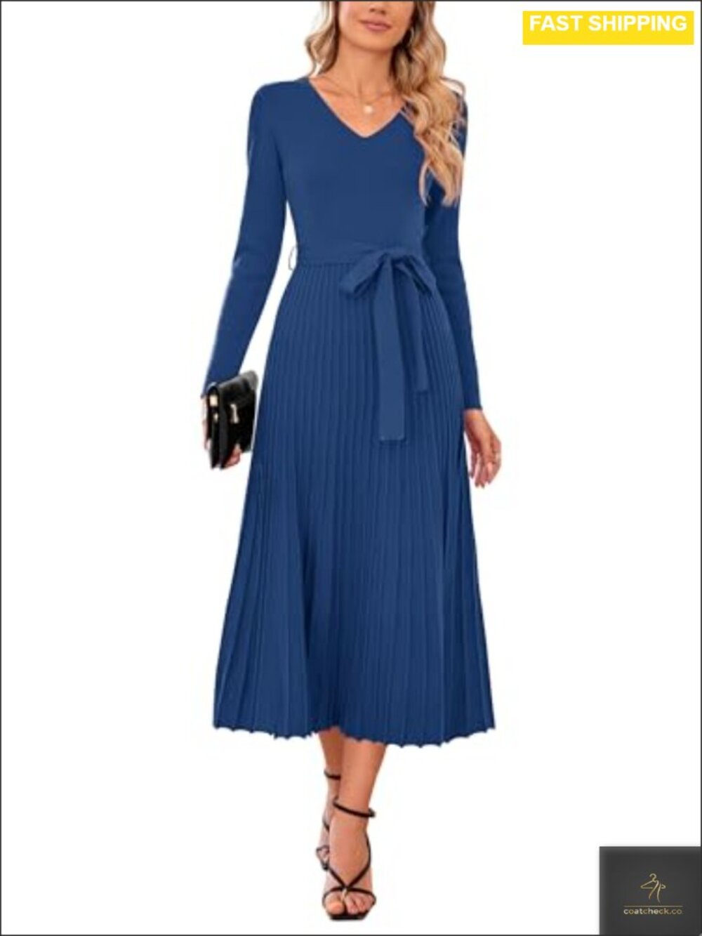 Wool Blend Long Sleeve Midi Sweater Dress V-Neck Tie Waist